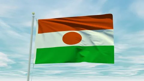 Seamless loop animation of the Niger flag on a blue sky background. 3D Illu.. Stock Illustration
