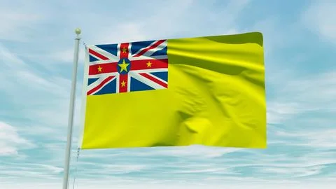 Seamless loop animation of the Niue flag on a blue sky background. 3D Illus.. Stock Illustration