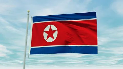Seamless loop animation of the North Korea flag on a blue sky background. 3.. Stock Illustration
