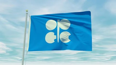 Seamless loop animation of the OPEC flag on a blue sky background. 3D Illus.. Stock Illustration