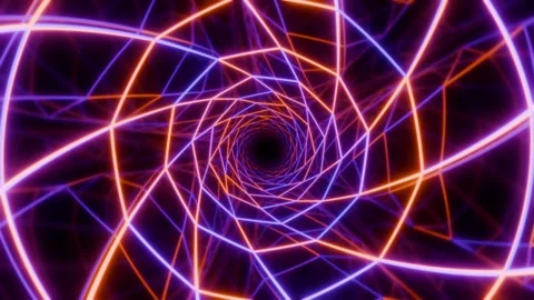 Seamless loop animation of orange blue neon tunnel with geometric 3D vortex Stock Footage 339607065