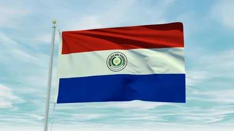 Seamless loop animation of the Paraguay flag on a blue sky background. 3D I.. Stock Illustration