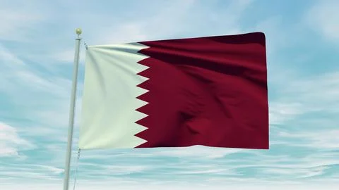 Seamless loop animation of the Qatarflag on a blue sky background. 3D Illus.. Stock Illustration