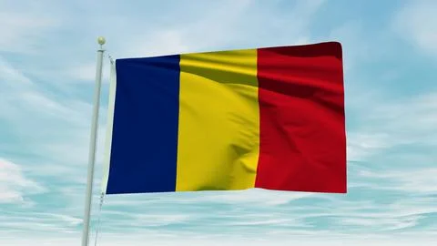 Seamless loop animation of the Romania flag on a blue sky background. 3D Il.. Stock Illustration