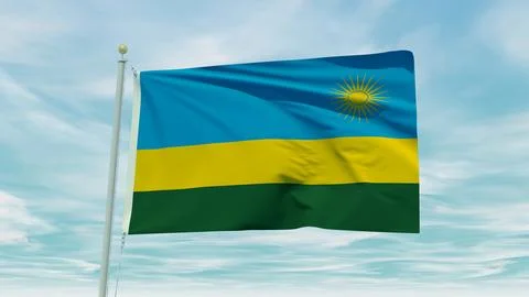Seamless loop animation of the Rwanda flag on a blue sky background. 3D Ill.. Illustrazione stock