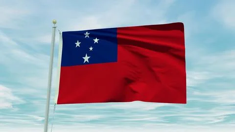 Seamless loop animation of the Samoa flag on a blue sky background. 3D Illu.. Stock Illustration