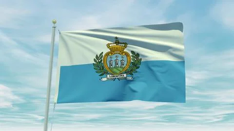 Seamless loop animation of the San Marino flag on a blue sky background. 3D.. Stock Illustration