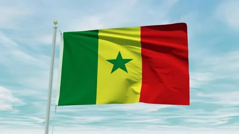 Seamless loop animation of the Senegal flag on a blue sky background. 3D Il.. Stock Illustration