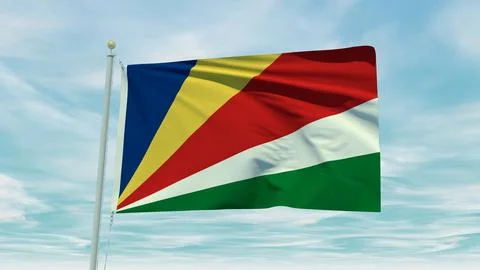 Seamless loop animation of the Seychelles flag on a blue sky background. 3D.. 스톡 일러스트