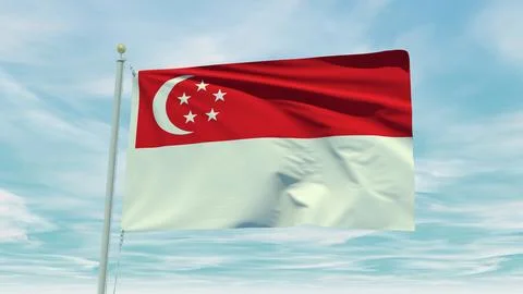 Seamless loop animation of the Singapore flag on a blue sky background. 3D .. Stock Illustration