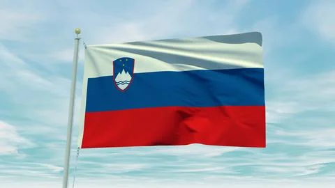 Seamless loop animation of the Slovenia flag on a blue sky background. 3D I.. Stock Illustration