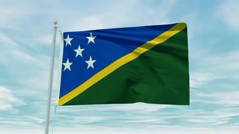 Seamless loop animation of the Solomon Islands flag on a blue sky backgroun.. Illustrazione stock
