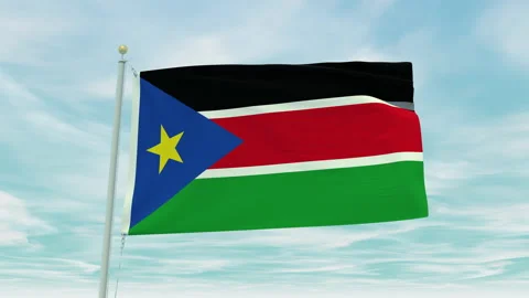 Seamless loop animation of the South Sudan flag on a blue sky background. Stock Footage 211116105