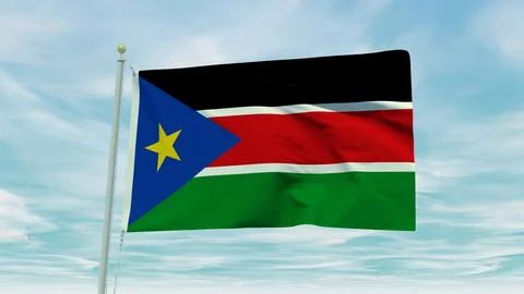 Seamless loop animation of the South Sudan flag on a blue sky background. 3.. Stock Illustration