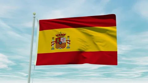 Seamless loop animation of the Spain flag on a blue sky background. 3D Illu.. Stock Illustration