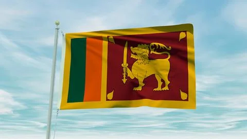 Seamless loop animation of the Sri Lanka flag on a blue sky background. 3D .. Stock Illustration