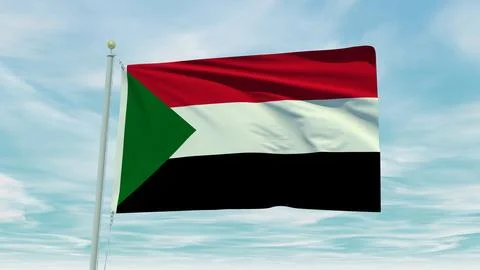 Seamless loop animation of the Sudan flag on a blue sky background. 3D Illu.. Stock Illustration