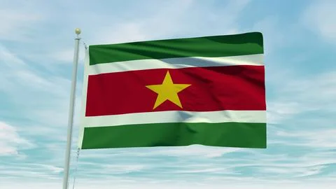 Seamless loop animation of the Suriname flag on a blue sky background. 3D I.. Stock Illustration