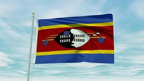 Seamless loop animation of the Swaziland flag on a blue sky background. 3D .. Stock Illustration