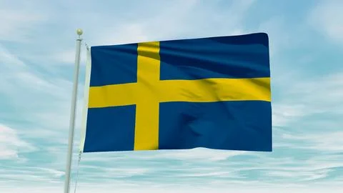 Seamless loop animation of the Sweden flag on a blue sky background. 3D Ill.. Illustrazione stock