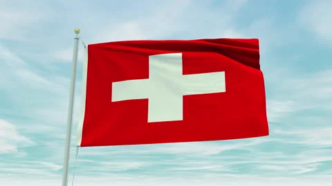 Seamless loop animation of the Switzerland flag on a blue sky background. Stock Footage 211133398