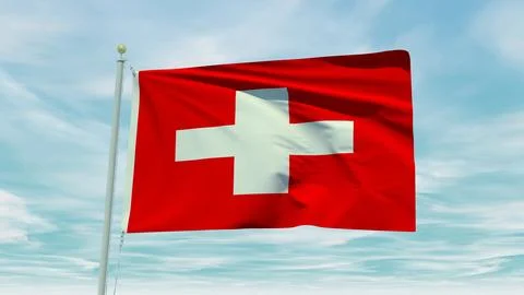 Seamless loop animation of the Switzerland flag on a blue sky background. 3.. Stock Illustration