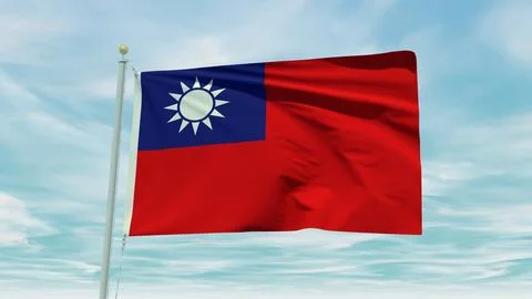 Seamless loop animation of the Taiwan flag on a blue sky background. 3D Ill.. Illustrazione stock