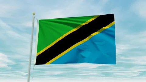 Seamless loop animation of the Tanzania flag on a blue sky background. 3D I.. Stock Illustration