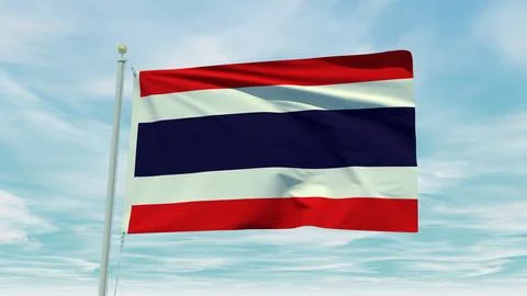 Seamless loop animation of the Thailand flag on a blue sky background. 3D I.. Stock Illustration