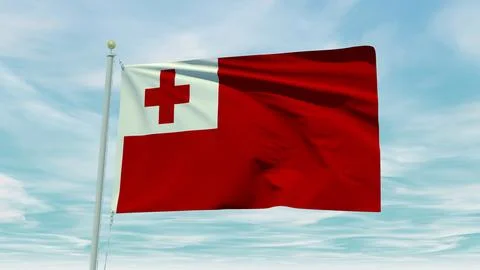 Seamless loop animation of the Tonga flag on a blue sky background. 3D Illu.. 스톡 일러스트