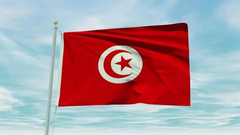 Seamless loop animation of the Tunisia flag on a blue sky background. 3D Il.. Stock Illustration