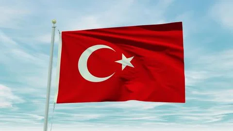 Seamless loop animation of the Turkey flag on a blue sky background. 3D Ill.. Stock Illustration