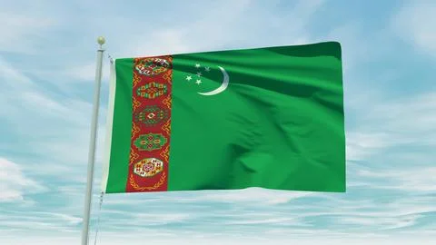 Seamless loop animation of the Turkmenistan flag on a blue sky background. .. Stock Illustration