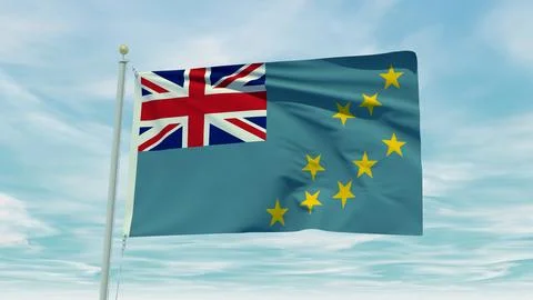 Seamless loop animation of the Tuvalu flag on a blue sky background. 3D Ill.. Stock Illustration