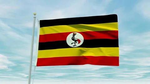 Seamless loop animation of the Uganda flag on a blue sky background. 3D Ill.. Stock Illustration