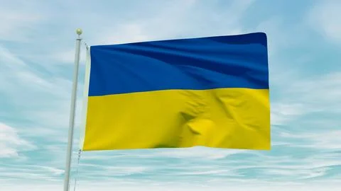 Seamless loop animation of the Ukraine flag on a blue sky background. 3D Il.. Illustrazione stock