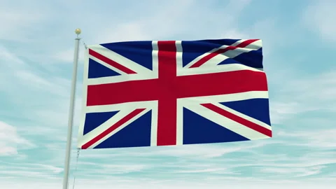 Seamless loop animation of the United Kingdom flag on a blue sky background. Stock Footage 211130629