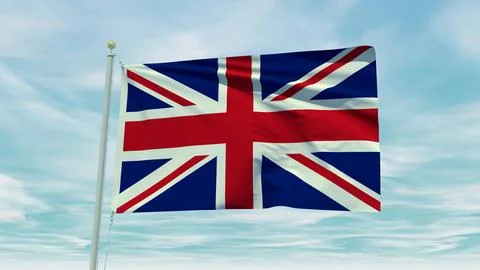 Seamless loop animation of the United Kingdom flag on a blue sky background.. Illustrazione stock