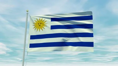 Seamless loop animation of the Uruguay flag on a blue sky background. 3D Il.. Illustrazione stock