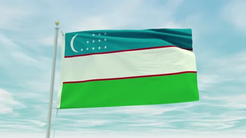 Seamless loop animation of the Uzbekistan flag on a blue sky background. Stock Footage 211107173