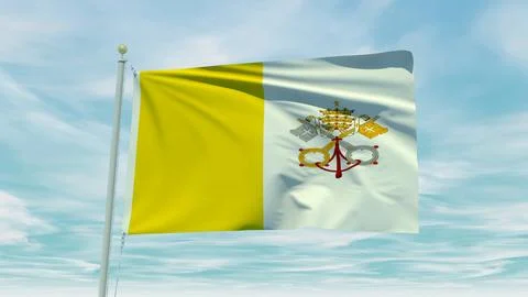 Seamless loop animation of the Vatican flag on a blue sky background. 3D Il.. Stock Illustration