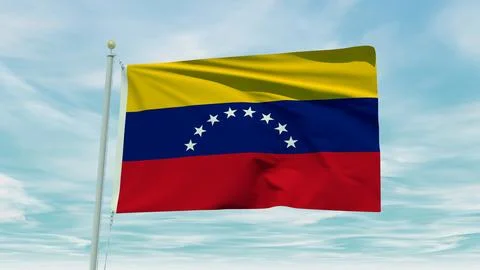 Seamless loop animation of the Venezuela flag on a blue sky background. 3D .. Stock Illustration