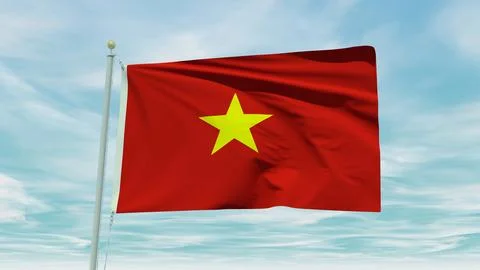 Seamless loop animation of the Vietnam flag on a blue sky background. 3D Il.. Stock Illustration