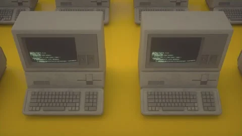 Seamless Loop Animation of Vintage Computers With Green Code on Screens Stock Footage 308420686