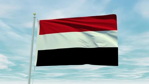 Seamless loop animation of the Yemen flag on a blue sky background. 3D Illu.. Stock Illustration
