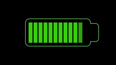 Seamless loop battery icon with green energy bars on black background Stock Footage 348271297