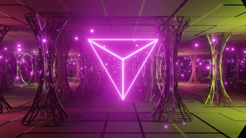 Seamless loop between beautiful sci-fi pillars room with neon triangle Stock Footage 146010502