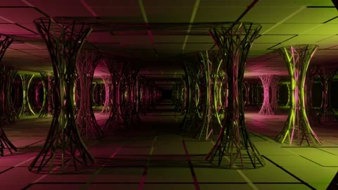 Seamless loop between beautiful sci-fi pillars room having colorful lights. Stock Footage 146177730