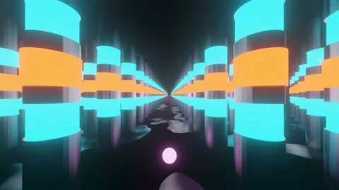 Seamless loop between beautiful sci-fi pillars with bright colorful neon lights. Video stock 148402588