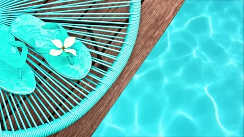 Seamless loop - Blue garden chair and flip flops on the edge of a swimming pool Video stock 73230561
